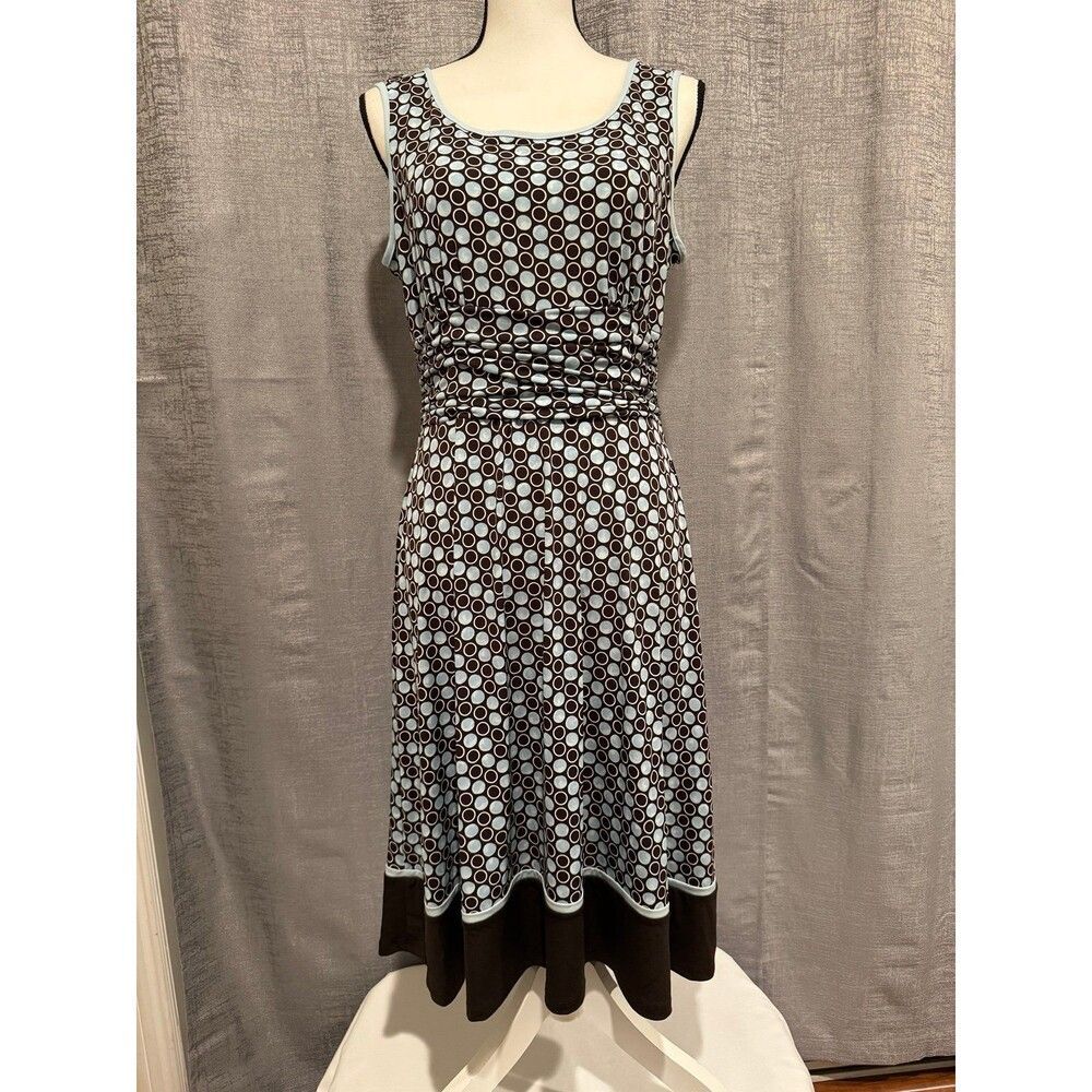 STUDIO I Brown & blue dots sleeveless dress cinched waist - Size 10 (A026)